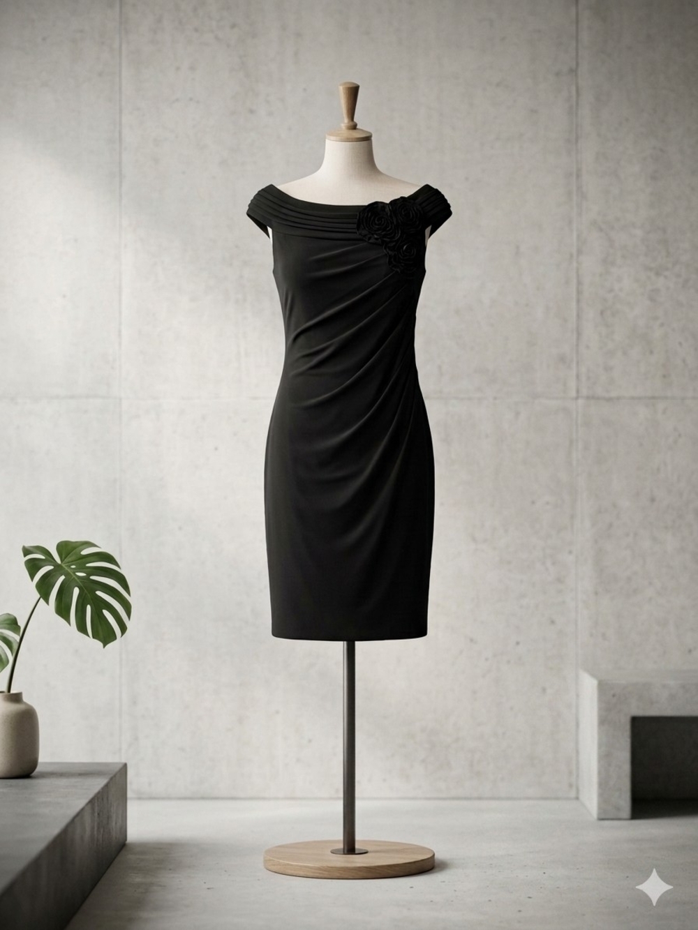 Adrianna Papell Black Off-Shoulder Sheath Dress with Rosette